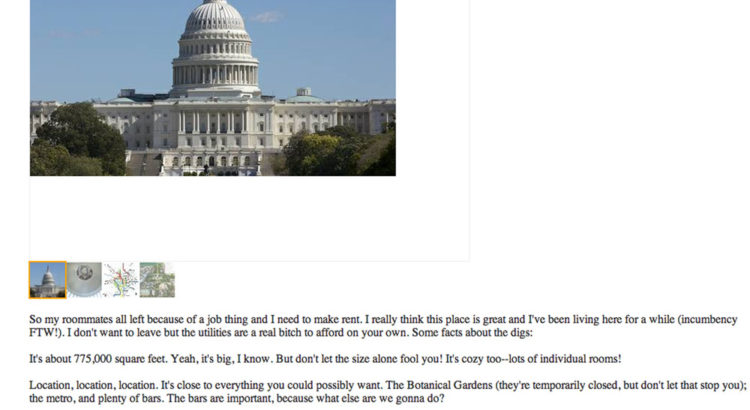 Funny Ad from Craigslist: Rent the U.S. Capital During Government Shutdown