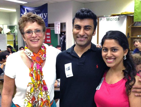 Teacher Laurie Acosta with with former student Mayank Bhandari and his fiance Jasmin Beveja
