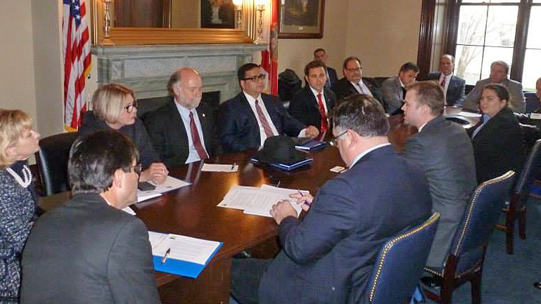 Dan Daley (red tie) with Senator Rubio’s staff while he was in a committee meeting. Senator Rubio attended the meeting halfway through.  They covered several issues important to municipalities, including FEMA.
