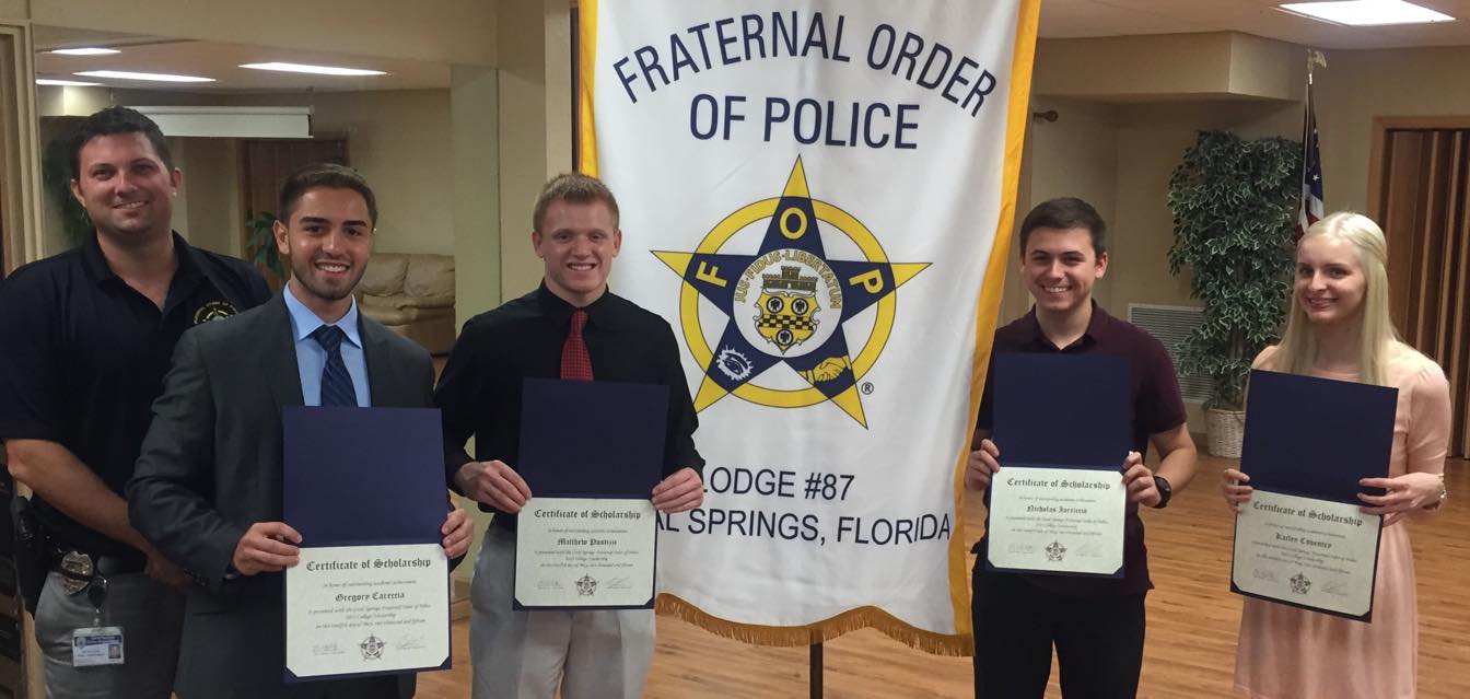 2015 Coral Springs Fraternal Order of Police Scholarship Winners: Gregory Careccia, Matthew Pustizzi, Nicholas Iarriccio, and Kailey Coventry