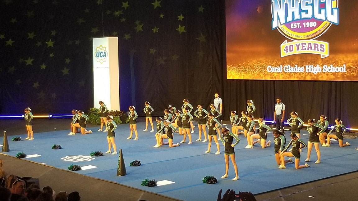 Coral Glades High School Cheerleading performing at Nationals in Orlando. {courtesy Coral Glades High School Athletics}