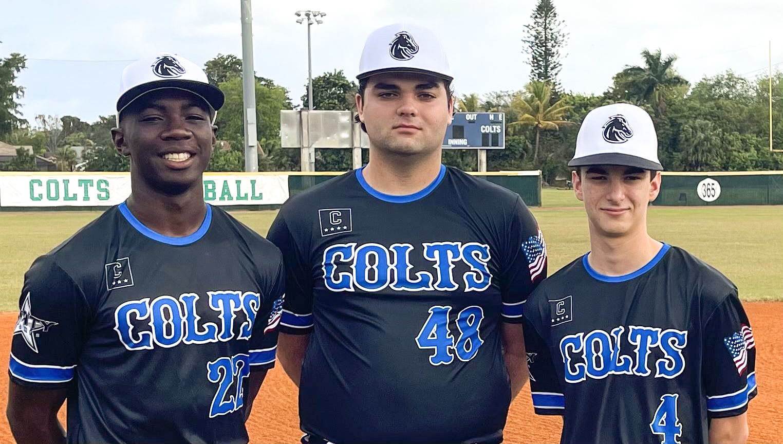 Jordan Brown, Alex Christmas, and Tyler Federman of Coral Springs High School Baseball. {CSHS Athletics.}