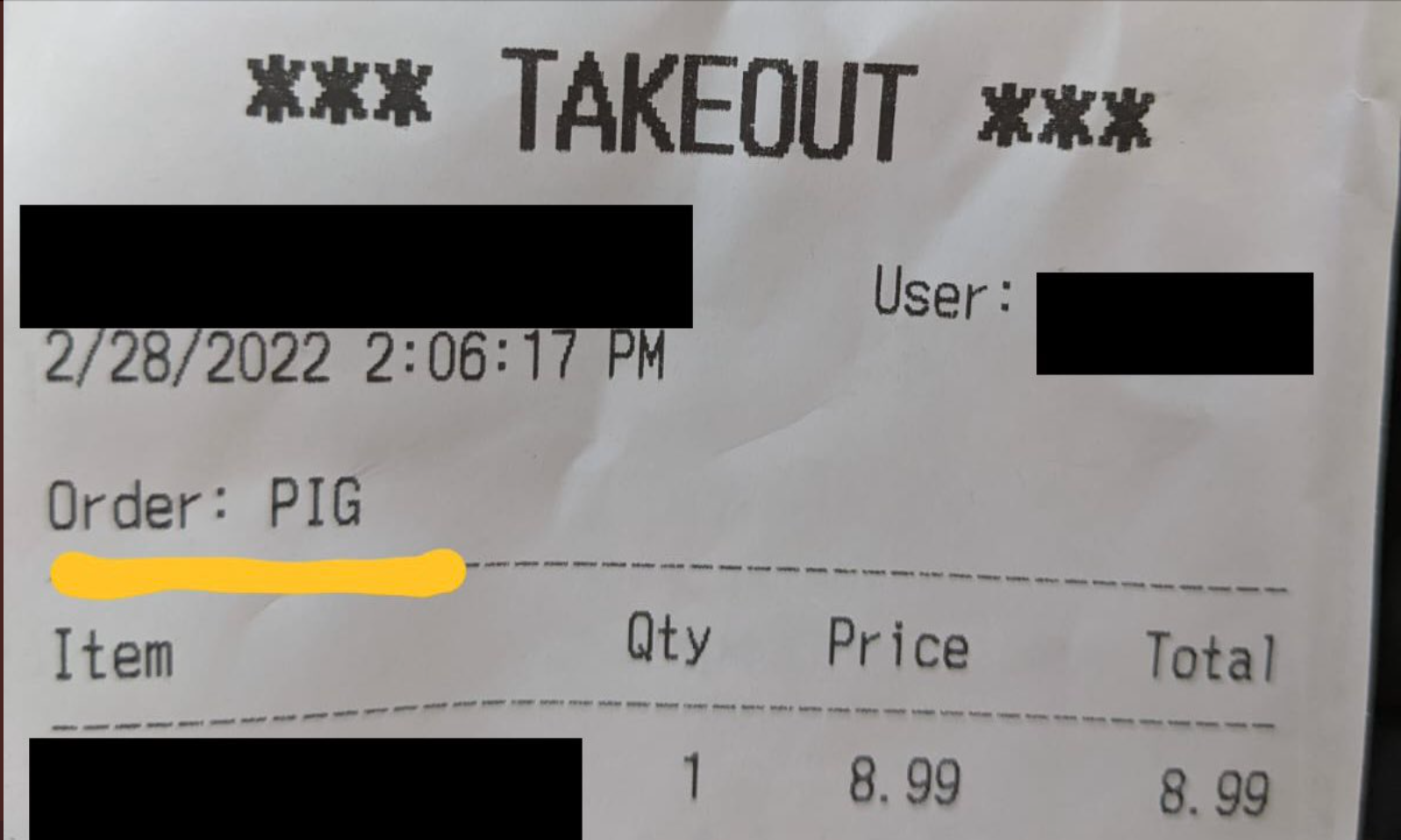 looked at his receipt, he saw the name on the order said ‘PIG.’