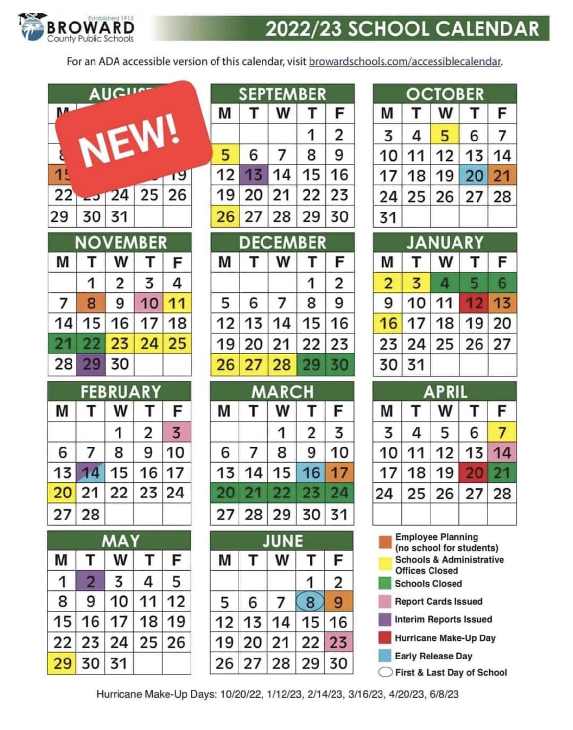 Official 2022/23 Broward County Public Schools Color Calendar - UPDATED