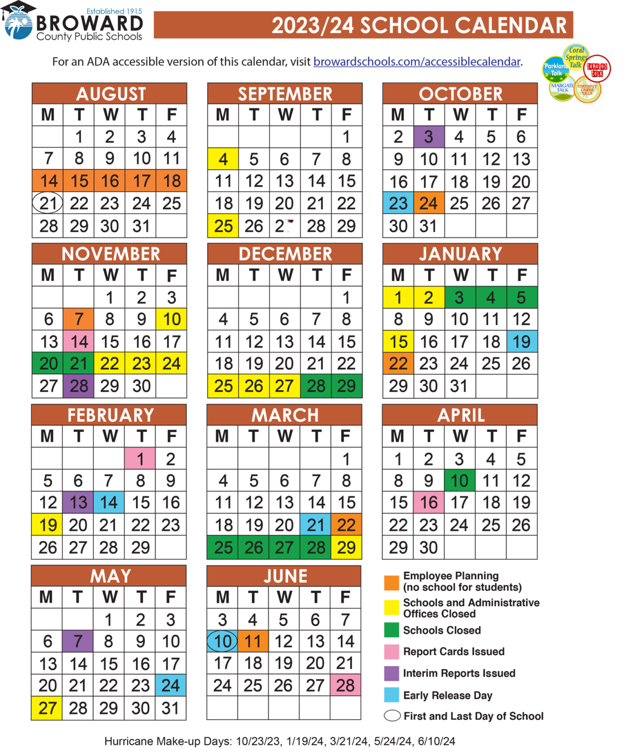 Official 2023/24 Broward County Public Schools Color Calendar • Coral