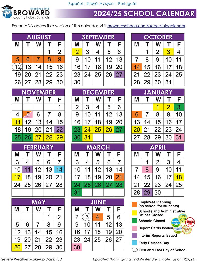 Official 2024/25 Broward County Public Schools Color Calendar Updated • Coral Springs Talk