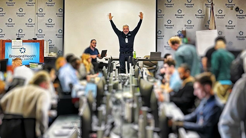 Broward Health’s Chief Medical Information Officer Hector Rodriguez-Cortes, M.D., celebrates as Broward Health goes live with Epic.