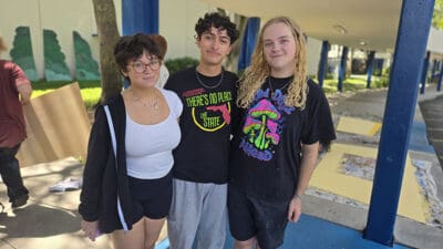 Alyvia Rigg, Samuel Caycedo and Austin Blakely. They spent a recent Saturday building sets for the upcoming musical