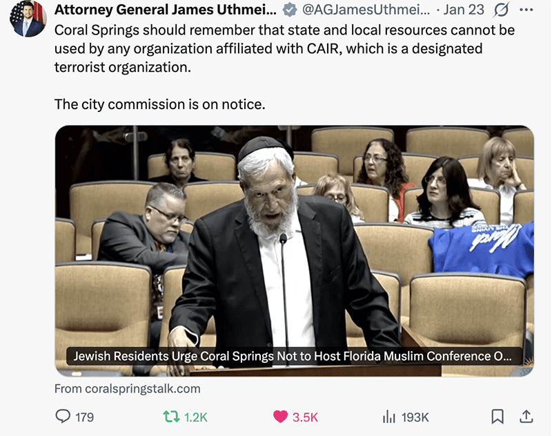 South Florida Muslim Federation Removes CAIR Florida From Member List After Attorney General Warns Coral Springs Over Conference